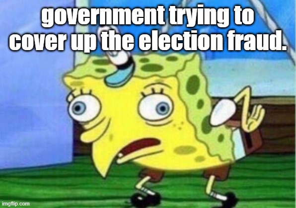 Clearly a election fraud. Government* | government trying to cover up the election fraud. | image tagged in memes,mocking spongebob,election fraud | made w/ Imgflip meme maker