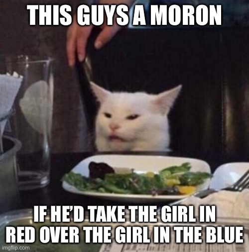 Annoyed White Cat | THIS GUYS A MORON IF HE’D TAKE THE GIRL IN RED OVER THE GIRL IN THE BLUE | image tagged in annoyed white cat | made w/ Imgflip meme maker