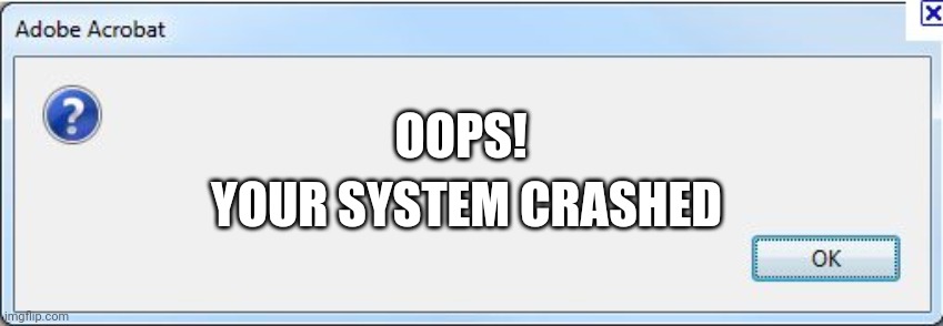 system crashed | OOPS! YOUR SYSTEM CRASHED | image tagged in error message | made w/ Imgflip meme maker