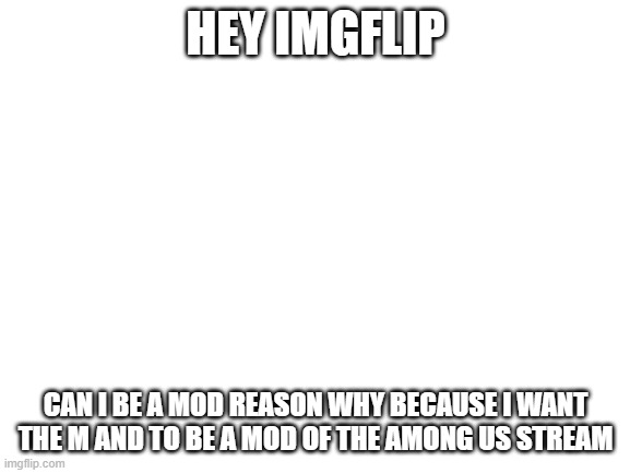 plz imgflip plz /\(0-0) | HEY IMGFLIP; CAN I BE A MOD REASON WHY BECAUSE I WANT THE M AND TO BE A MOD OF THE AMONG US STREAM | image tagged in blank white template,mods | made w/ Imgflip meme maker