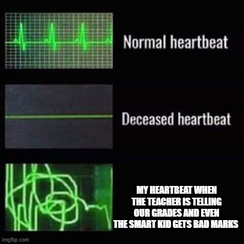 Painfully relatable | MY HEARTBEAT WHEN THE TEACHER IS TELLING OUR GRADES AND EVEN THE SMART KID GETS BAD MARKS | image tagged in heartbeat rate | made w/ Imgflip meme maker
