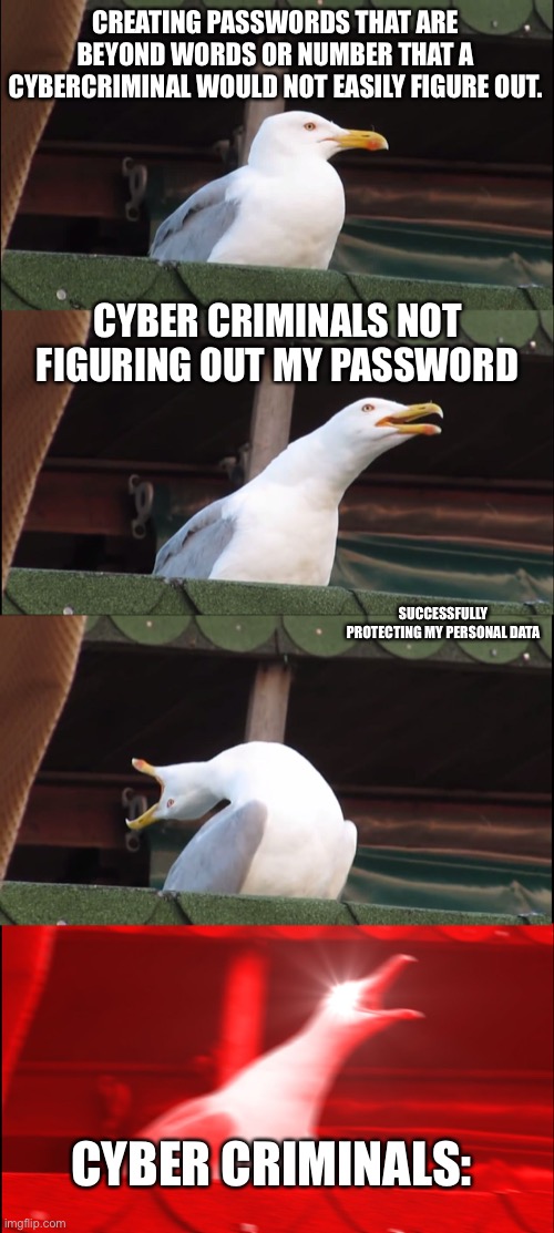 Inhaling Seagull Meme | CREATING PASSWORDS THAT ARE BEYOND WORDS OR NUMBER THAT A CYBERCRIMINAL WOULD NOT EASILY FIGURE OUT. CYBER CRIMINALS NOT FIGURING OUT MY PASSWORD; SUCCESSFULLY PROTECTING MY PERSONAL DATA; CYBER CRIMINALS: | image tagged in memes,inhaling seagull | made w/ Imgflip meme maker