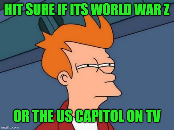 Brain Dead Zombies | HIT SURE IF ITS WORLD WAR Z; OR THE US CAPITOL ON TV | image tagged in memes,futurama fry | made w/ Imgflip meme maker
