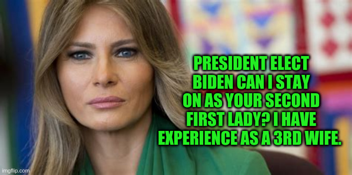 2nd 1st lady? | PRESIDENT ELECT BIDEN CAN I STAY ON AS YOUR SECOND FIRST LADY? I HAVE EXPERIENCE AS A 3RD WIFE. | image tagged in melania trump | made w/ Imgflip meme maker