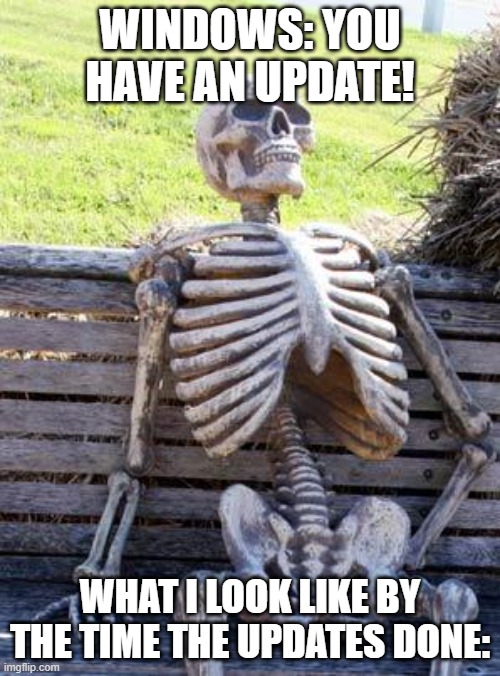 Waiting Skeleton Meme | WINDOWS: YOU HAVE AN UPDATE! WHAT I LOOK LIKE BY THE TIME THE UPDATES DONE: | image tagged in memes,waiting skeleton | made w/ Imgflip meme maker