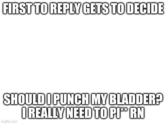 Blank White Template | FIRST TO REPLY GETS TO DECIDE; SHOULD I PUNCH MY BLADDER? I REALLY NEED TO PI** RN | image tagged in blank white template | made w/ Imgflip meme maker
