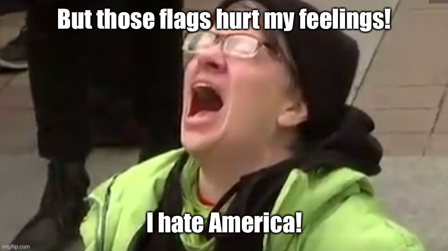 Screaming Liberal  | But those flags hurt my feelings! I hate America! | image tagged in screaming liberal | made w/ Imgflip meme maker