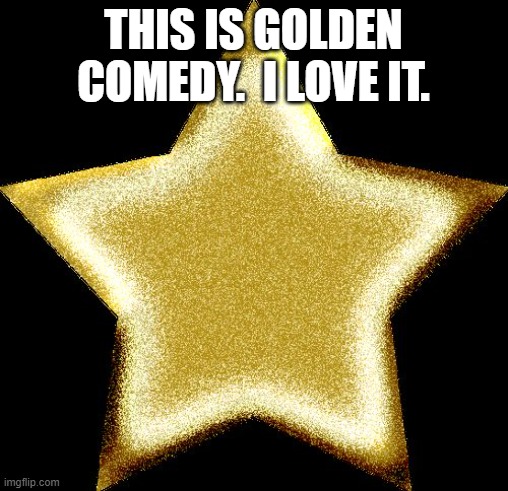 Gold star | THIS IS GOLDEN COMEDY.  I LOVE IT. | image tagged in gold star | made w/ Imgflip meme maker