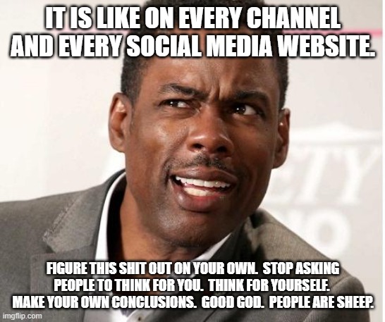 chris rock wut | IT IS LIKE ON EVERY CHANNEL AND EVERY SOCIAL MEDIA WEBSITE. FIGURE THIS SHIT OUT ON YOUR OWN.  STOP ASKING PEOPLE TO THINK FOR YOU.  THINK F | image tagged in chris rock wut | made w/ Imgflip meme maker