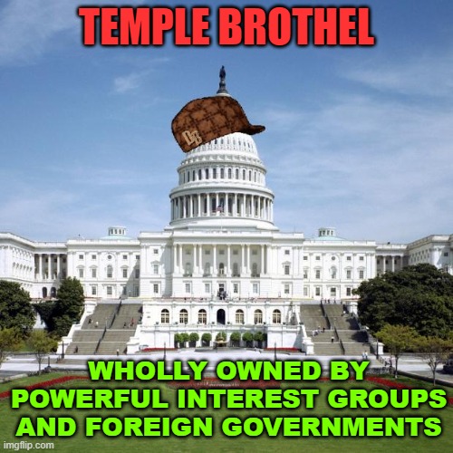 The Temple and the Brothel: Wholly Owned By Powerful Interest Groups And Foreign Governments | TEMPLE BROTHEL; WHOLLY OWNED BY POWERFUL INTEREST GROUPS AND FOREIGN GOVERNMENTS | image tagged in scumbag government | made w/ Imgflip meme maker