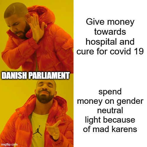 Just Denmark | Give money towards hospital and cure for covid 19; DANISH PARLIAMENT; spend money on gender neutral light because of mad karens | image tagged in memes,drake hotline bling | made w/ Imgflip meme maker
