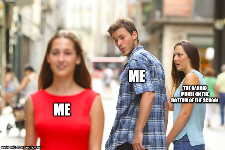 I like me | ME; THE CARDIO MODEL ON THE BOTTOM OF THE SCHOOL; ME | image tagged in memes,distracted boyfriend | made w/ Imgflip meme maker