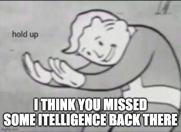 Fallout Hold Up | I THINK YOU MISSED SOME ITELLIGENCE BACK THERE | image tagged in fallout hold up | made w/ Imgflip meme maker