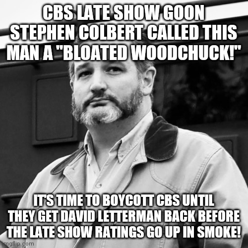 At least Ted Cruz doesn't look like a half-ewok!   Stephen Colbert got his right ear broken!  Piss off the wrong Conservative? | CBS LATE SHOW GOON STEPHEN COLBERT CALLED THIS MAN A "BLOATED WOODCHUCK!"; IT'S TIME TO BOYCOTT CBS UNTIL THEY GET DAVID LETTERMAN BACK BEFORE THE LATE SHOW RATINGS GO UP IN SMOKE! | image tagged in ted cruz beard,stephen colbert,sucks,boycott,cbs | made w/ Imgflip meme maker