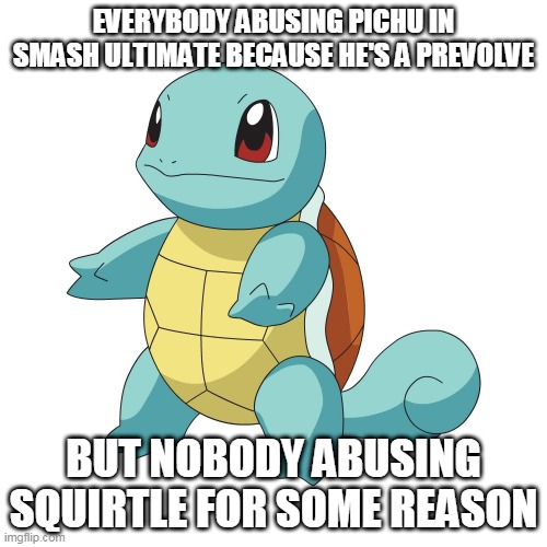 that's dumb internet is dumb | EVERYBODY ABUSING PICHU IN SMASH ULTIMATE BECAUSE HE'S A PREVOLVE; BUT NOBODY ABUSING SQUIRTLE FOR SOME REASON | image tagged in squirtle,pokemon memes,super smash bros,pokemon,super smash bros ultimate x blank,nintendo switch | made w/ Imgflip meme maker
