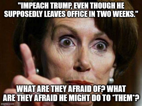 Why So Scared, Dims? | "IMPEACH TRUMP, EVEN THOUGH HE SUPPOSEDLY LEAVES OFFICE IN TWO WEEKS."; WHAT ARE THEY AFRAID OF? WHAT ARE THEY AFRAID HE MIGHT DO TO *THEM*? | image tagged in nancy pelosi no spending problem,trump,impeachment,impeach,election,pelosi | made w/ Imgflip meme maker