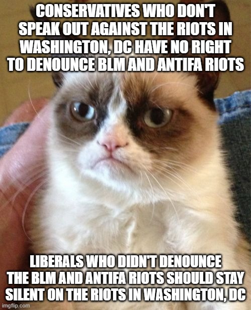 Riots are riots | CONSERVATIVES WHO DON'T SPEAK OUT AGAINST THE RIOTS IN WASHINGTON, DC HAVE NO RIGHT TO DENOUNCE BLM AND ANTIFA RIOTS; LIBERALS WHO DIDN'T DENOUNCE THE BLM AND ANTIFA RIOTS SHOULD STAY SILENT ON THE RIOTS IN WASHINGTON, DC | image tagged in memes,grumpy cat,riots,antifa,blm,congress | made w/ Imgflip meme maker