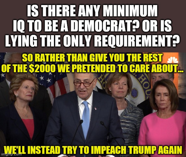 Where is the money? Hello Democrats? | IS THERE ANY MINIMUM IQ TO BE A DEMOCRAT? OR IS LYING THE ONLY REQUIREMENT? SO RATHER THAN GIVE YOU THE REST OF THE $2000 WE PRETENDED TO CARE ABOUT... WE'LL INSTEAD TRY TO IMPEACH TRUMP AGAIN | image tagged in democrat congressmen,lying | made w/ Imgflip meme maker