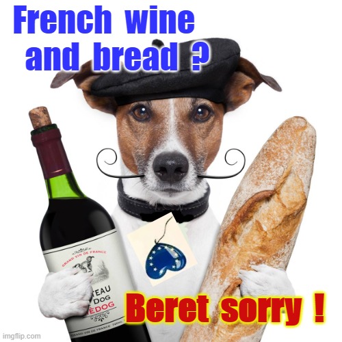 Beret Sorry | French  wine
   and  bread  ? Beret  sorry  ! | image tagged in dog bad joke | made w/ Imgflip meme maker