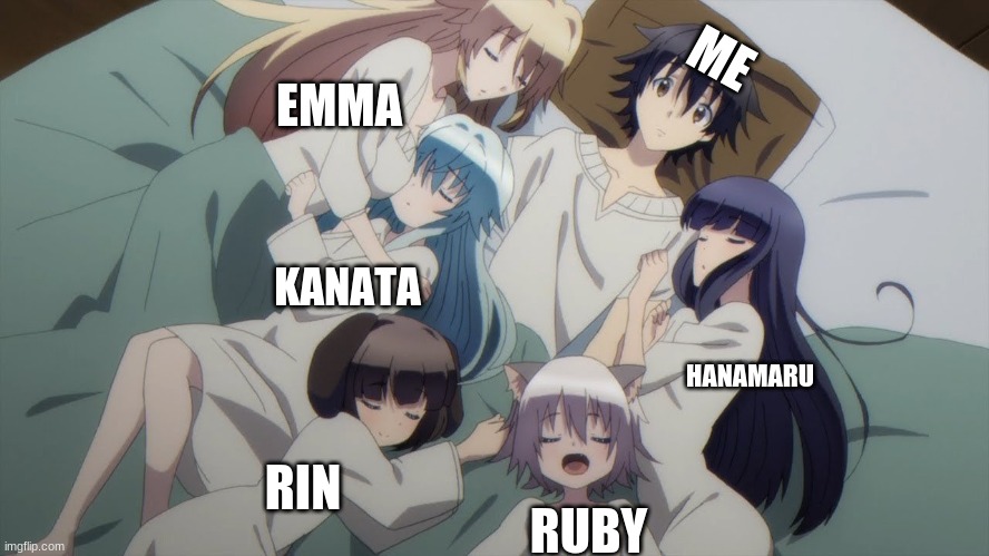 Anime Harem | ME RUBY EMMA HANAMARU KANATA RIN | image tagged in anime harem | made w/ Imgflip meme maker