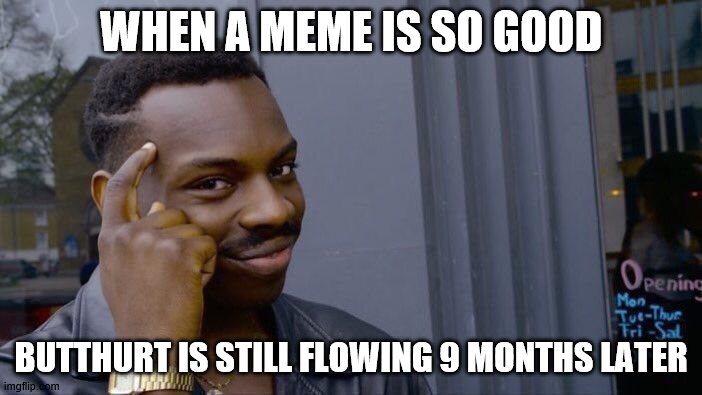 Roll Safe Think About It | WHEN A MEME IS SO GOOD; BUTTHURT IS STILL FLOWING 9 MONTHS LATER | image tagged in memes,roll safe think about it | made w/ Imgflip meme maker