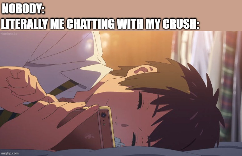 Texting to your crush | NOBODY:; LITERALLY ME CHATTING WITH MY CRUSH: | image tagged in anime,meme,crush,texting,cute | made w/ Imgflip meme maker