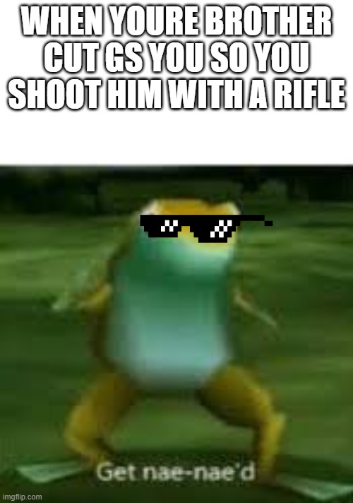 yeyeyyeyeyeye | WHEN YOURE BROTHER CUT GS YOU SO YOU SHOOT HIM WITH A RIFLE | image tagged in get nae naed | made w/ Imgflip meme maker