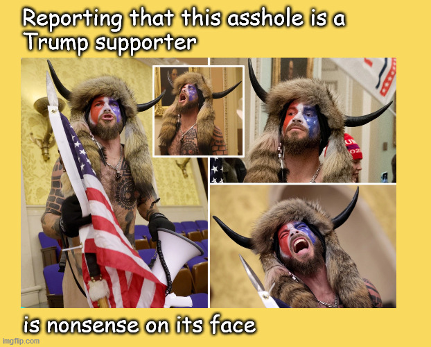 Jake Angeli is not a Trump supporter | Reporting that this asshole is a 
Trump supporter; is nonsense on its face | image tagged in politics | made w/ Imgflip meme maker