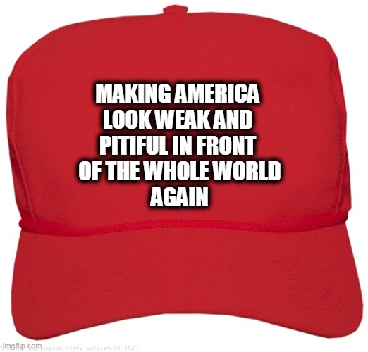This is not strength. | MAKING AMERICA 
LOOK WEAK AND 
PITIFUL IN FRONT 
OF THE WHOLE WORLD
AGAIN | image tagged in red maga hat,america,weak,embarrassed | made w/ Imgflip meme maker