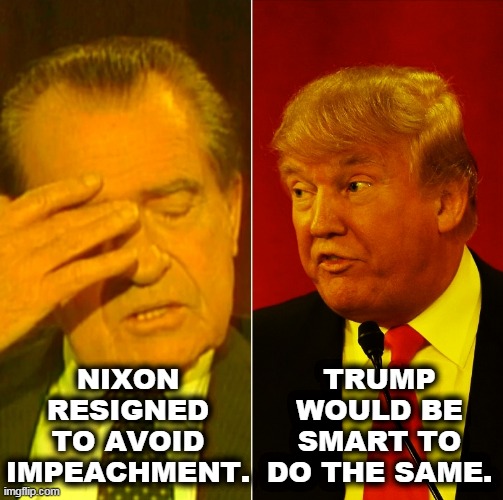 A second impeachment could prevent Trump from ever running for national office again. A lot of Republicans would like that. | NIXON RESIGNED TO AVOID IMPEACHMENT. TRUMP WOULD BE SMART TO DO THE SAME. | image tagged in nixon,impeachment,trump,resignation,goodbye,good luck | made w/ Imgflip meme maker