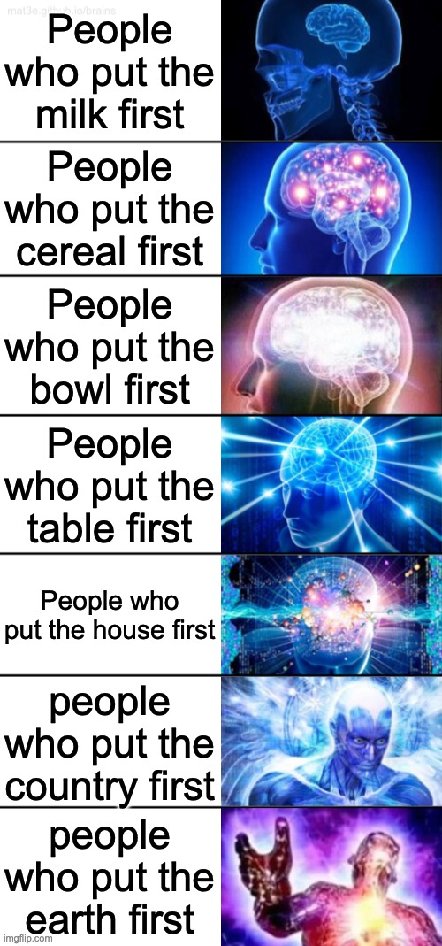 even MOre | People who put the milk first; People who put the cereal first; People who put the bowl first; People who put the table first; People who put the house first; people who put the country first; people who put the earth first | image tagged in 7-tier expanding brain | made w/ Imgflip meme maker