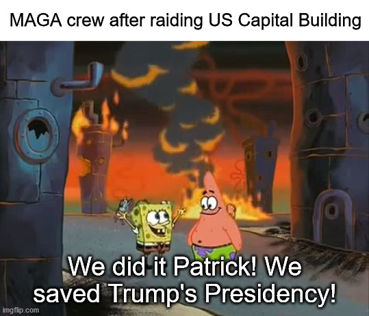 "We did it, Patrick! We saved the City!" | MAGA crew after raiding US Capital Building; We did it Patrick! We saved Trump's Presidency! | image tagged in we did it patrick we saved the city,coup,donald trump | made w/ Imgflip meme maker