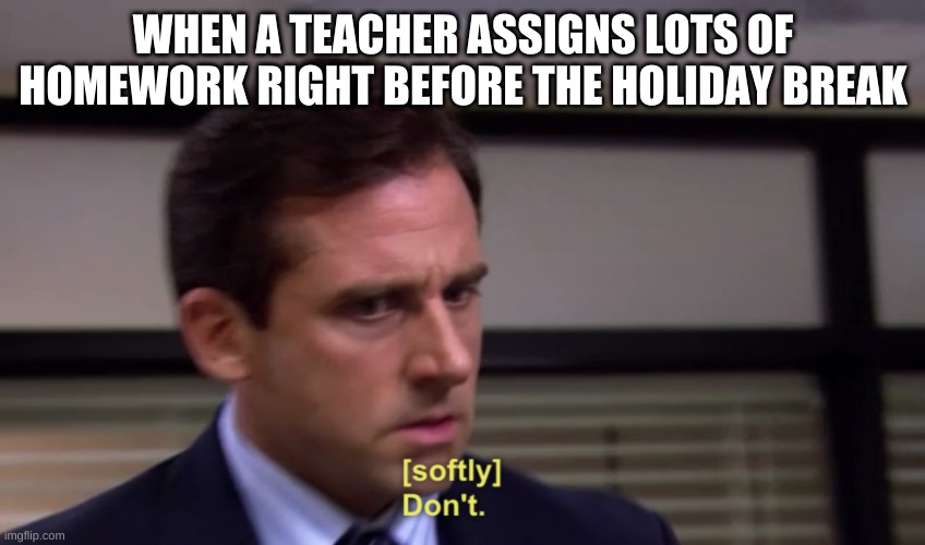 true | WHEN A TEACHER ASSIGNS LOTS OF HOMEWORK RIGHT BEFORE THE HOLIDAY BREAK | image tagged in michael dont | made w/ Imgflip meme maker