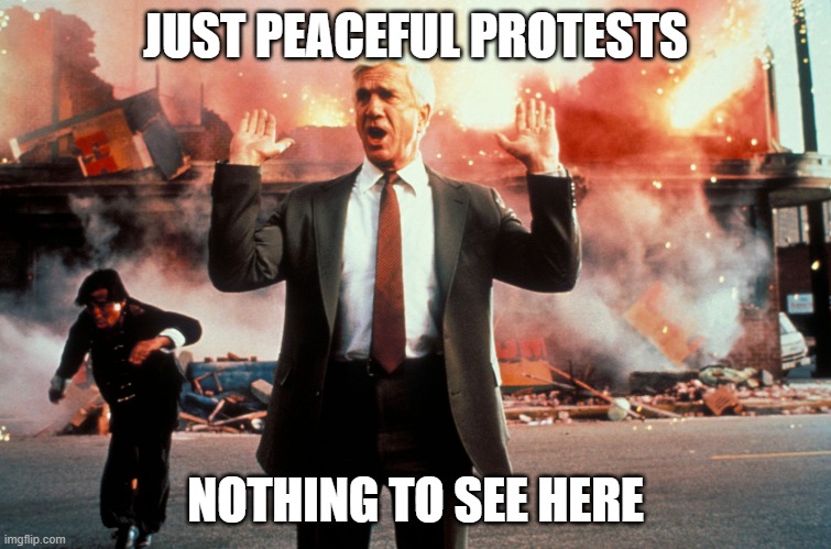 Nothing to see here | JUST PEACEFUL PROTESTS NOTHING TO SEE HERE | image tagged in nothing to see here | made w/ Imgflip meme maker