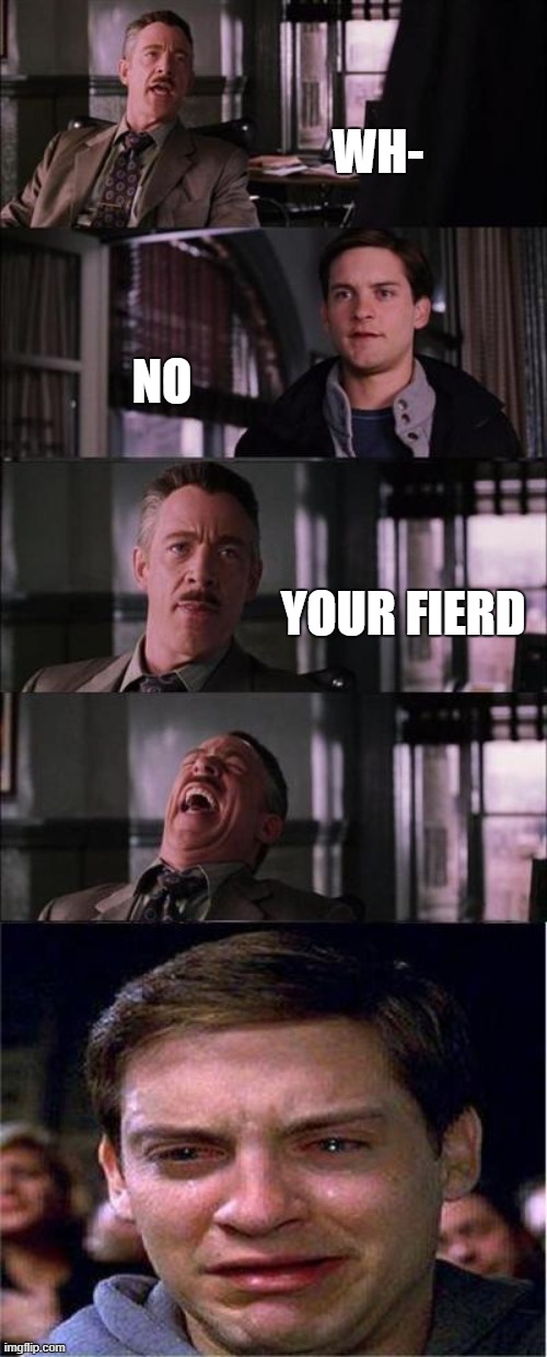 Peter Parker Cry Meme | WH-; NO; YOUR FIERD | image tagged in memes,peter parker cry | made w/ Imgflip meme maker