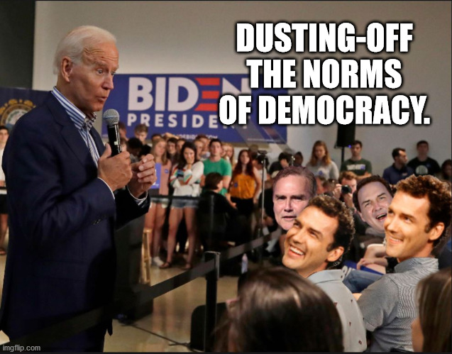 Norms of Democracy | DUSTING-OFF THE NORMS OF DEMOCRACY. | image tagged in norms of democracy,joe biden,norm mcdonad,funny | made w/ Imgflip meme maker