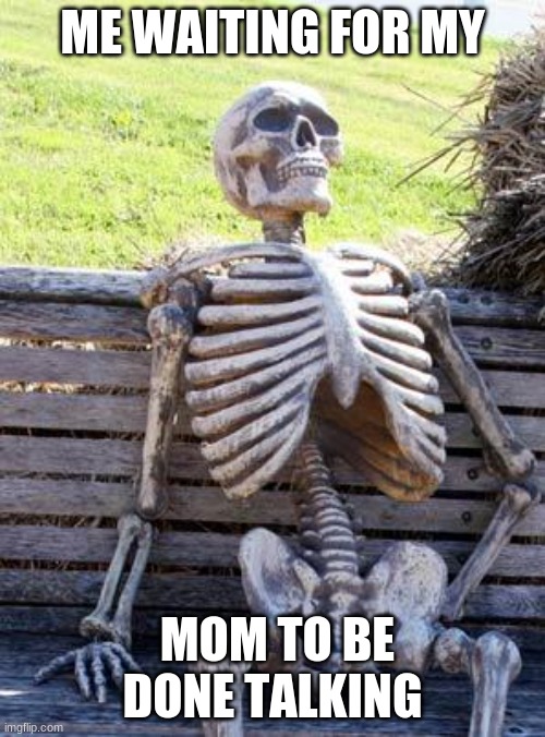 Waiting Skeleton Meme | ME WAITING FOR MY; MOM TO BE DONE TALKING | image tagged in memes,waiting skeleton | made w/ Imgflip meme maker
