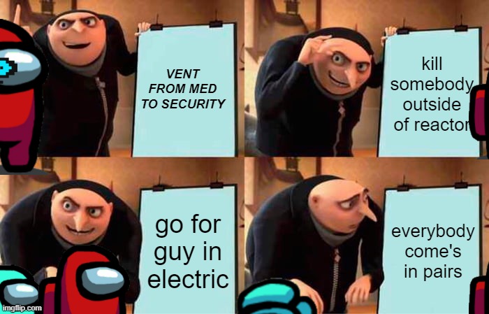Gru's Plan | VENT FROM MED TO SECURITY; kill somebody outside of reactor; go for guy in electric; everybody come's in pairs | image tagged in gru's plan,among us | made w/ Imgflip meme maker
