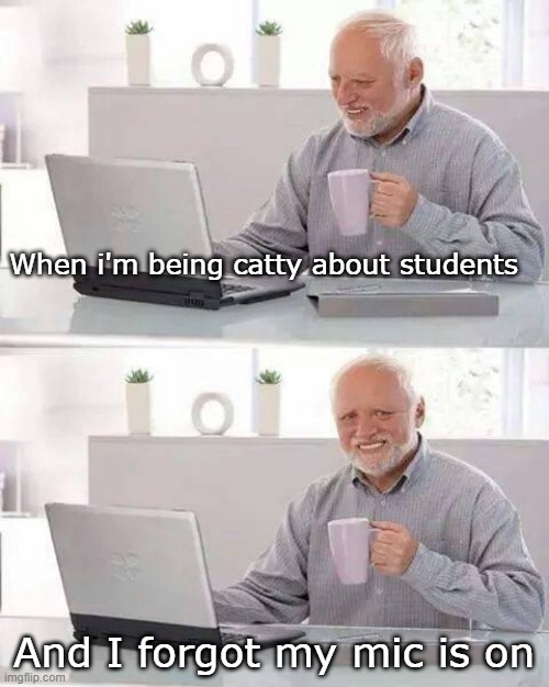 Hope that never happens again | When i'm being catty about students; And I forgot my mic is on | image tagged in memes,hide the pain harold | made w/ Imgflip meme maker