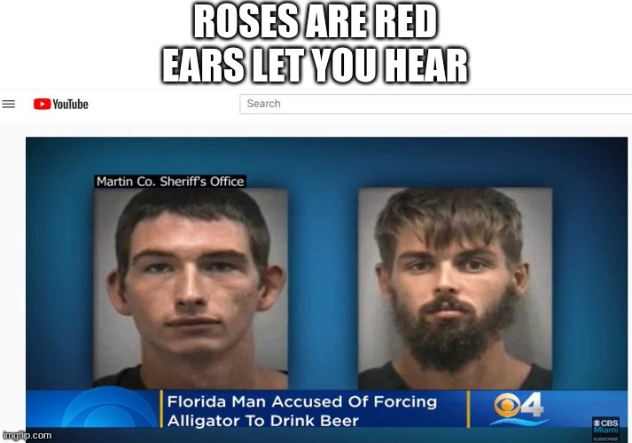 Im pretty sure the alligator liked the beer lol | ROSES ARE RED
EARS LET YOU HEAR | image tagged in memes,meanwhile in florida | made w/ Imgflip meme maker