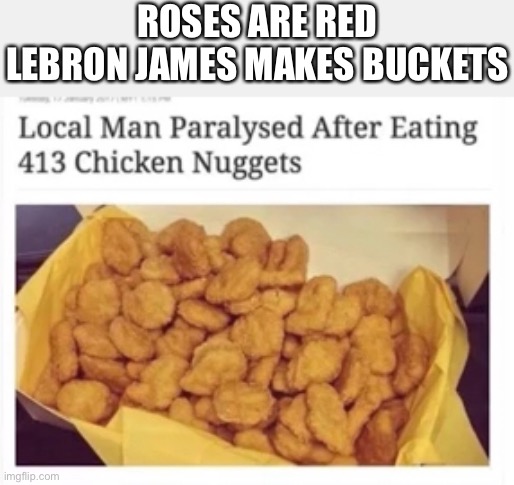 McNuggets | ROSES ARE RED
LEBRON JAMES MAKES BUCKETS | image tagged in fun | made w/ Imgflip meme maker