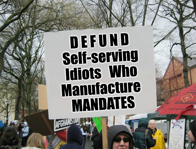 Blank protest sign | D E F U N D
Self-serving
Idiots   Who
Manufacture 
MANDATES | image tagged in blank protest sign | made w/ Imgflip meme maker
