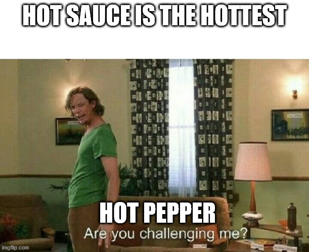 Are you challenging me? | HOT SAUCE IS THE HOTTEST; HOT PEPPER | image tagged in are you challenging me | made w/ Imgflip meme maker