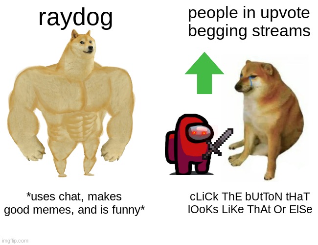 more upvote beggars | raydog; people in upvote begging streams; *uses chat, makes good memes, and is funny*; cLiCk ThE bUtToN tHaT lOoKs LiKe ThAt Or ElSe | image tagged in memes,buff doge vs cheems | made w/ Imgflip meme maker