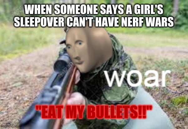 you just started a war with my family | WHEN SOMEONE SAYS A GIRL'S SLEEPOVER CAN'T HAVE NERF WARS; "EAT MY BULLETS!!" | image tagged in woar,die | made w/ Imgflip meme maker