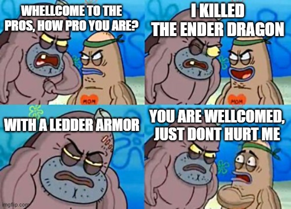 How Tough Are You Meme | I KILLED THE ENDER DRAGON; WHELLCOME TO THE PROS, HOW PRO YOU ARE? WITH A LEDDER ARMOR; YOU ARE WELLCOMED, JUST DONT HURT ME | image tagged in memes,how tough are you | made w/ Imgflip meme maker