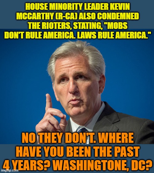 Name one law that Congress used to protect 74 million disenfranchised voters. | HOUSE MINORITY LEADER KEVIN MCCARTHY (R-CA) ALSO CONDEMNED THE RIOTERS, STATING, "MOBS DON'T RULE AMERICA. LAWS RULE AMERICA."; NO THEY DON'T. WHERE HAVE YOU BEEN THE PAST 4 YEARS? WASHINGTONE, DC? | image tagged in kevin mccarthy | made w/ Imgflip meme maker
