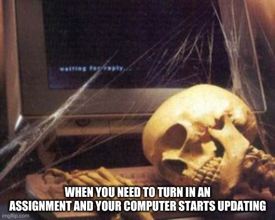 y | WHEN YOU NEED TO TURN IN AN ASSIGNMENT AND YOUR COMPUTER STARTS UPDATING | image tagged in skeleton computer | made w/ Imgflip meme maker