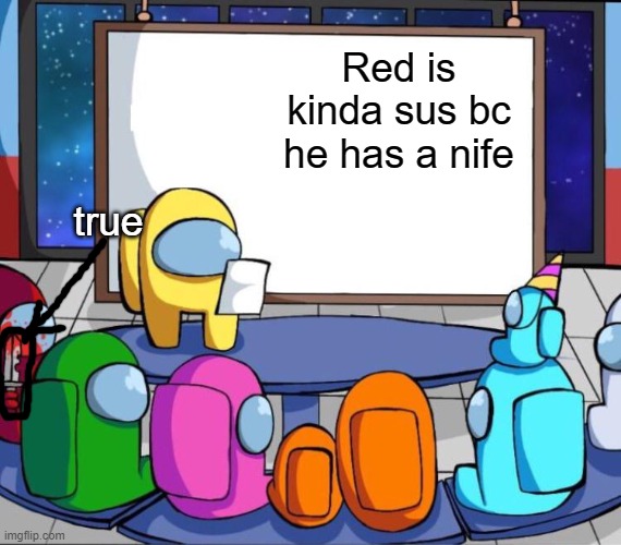 red sus | Red is kinda sus bc he has a nife; true | image tagged in among us presentation | made w/ Imgflip meme maker