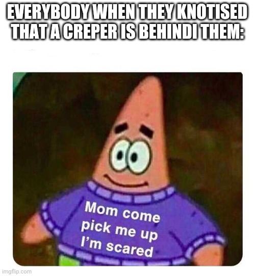 Patrick Mom come pick me up I'm scared | EVERYBODY WHEN THEY KNOTISED THAT A CREPER IS BEHINDI THEM: | image tagged in patrick mom come pick me up i'm scared | made w/ Imgflip meme maker